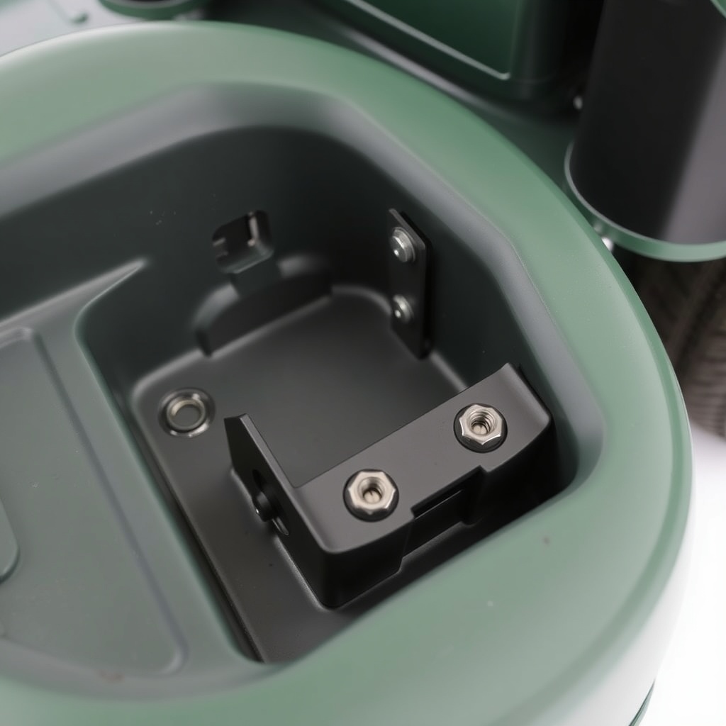 <A close-up photo of a TurfTech T-4600E battery tray with the battery removed