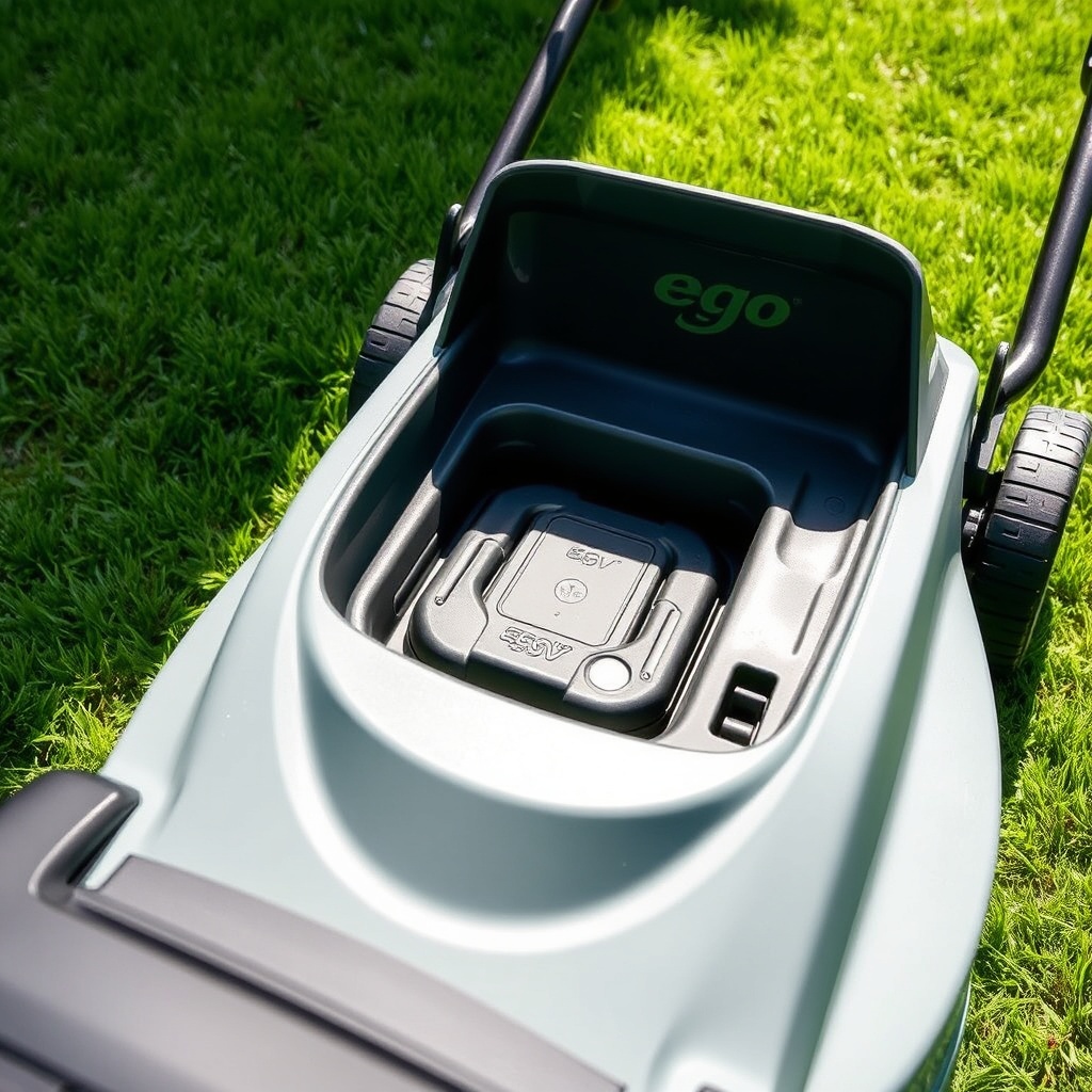 A clean photorealistic photo of an Ego Power+ Select Cut mower on a neatly trimmed lawn