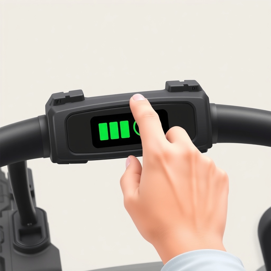 A simple photorealistic illustration of a hand pressing the power button on an Ego Power+
