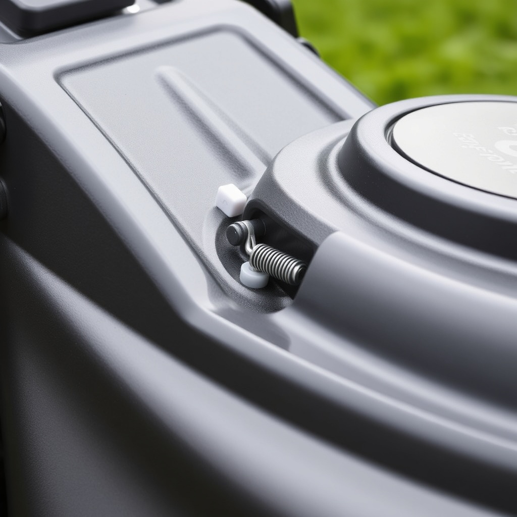 Close-up of a clean Ego Power+ Select Cut mower deck with the blade brake actuator spring