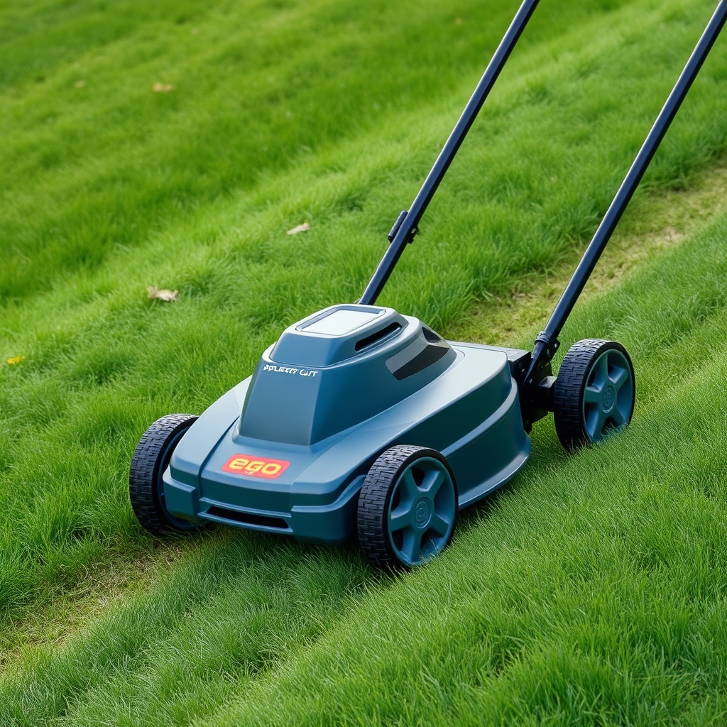 Side-angle shot of an Ego Power+ Select Cut mower on a moderate grassy slope