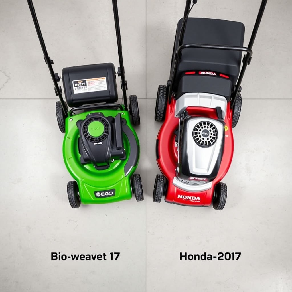 Side-by-side shot of the Ego Power+ Select Cut (green/black) and Honda HRX217 (red/silver)