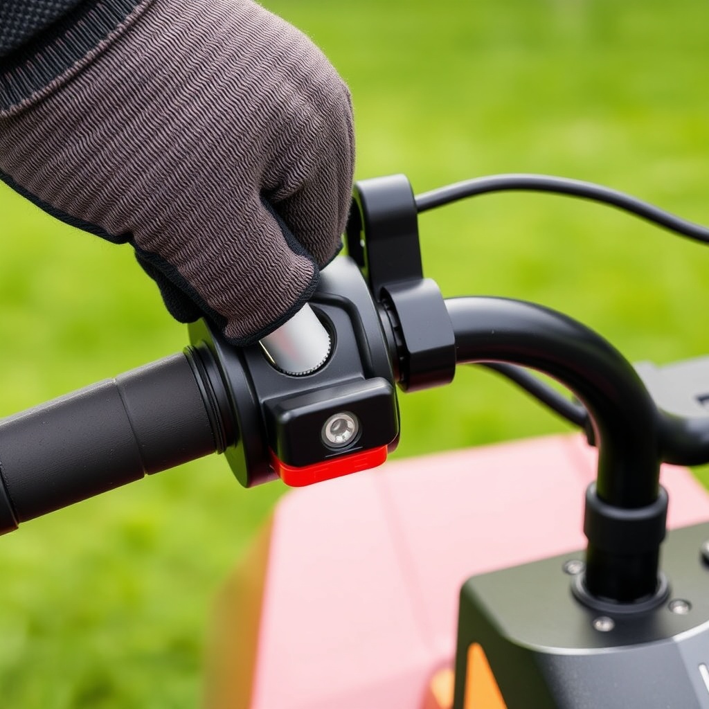 Close-up of a gloved hand turning the black plastic cable adjuster knob on the left handle
