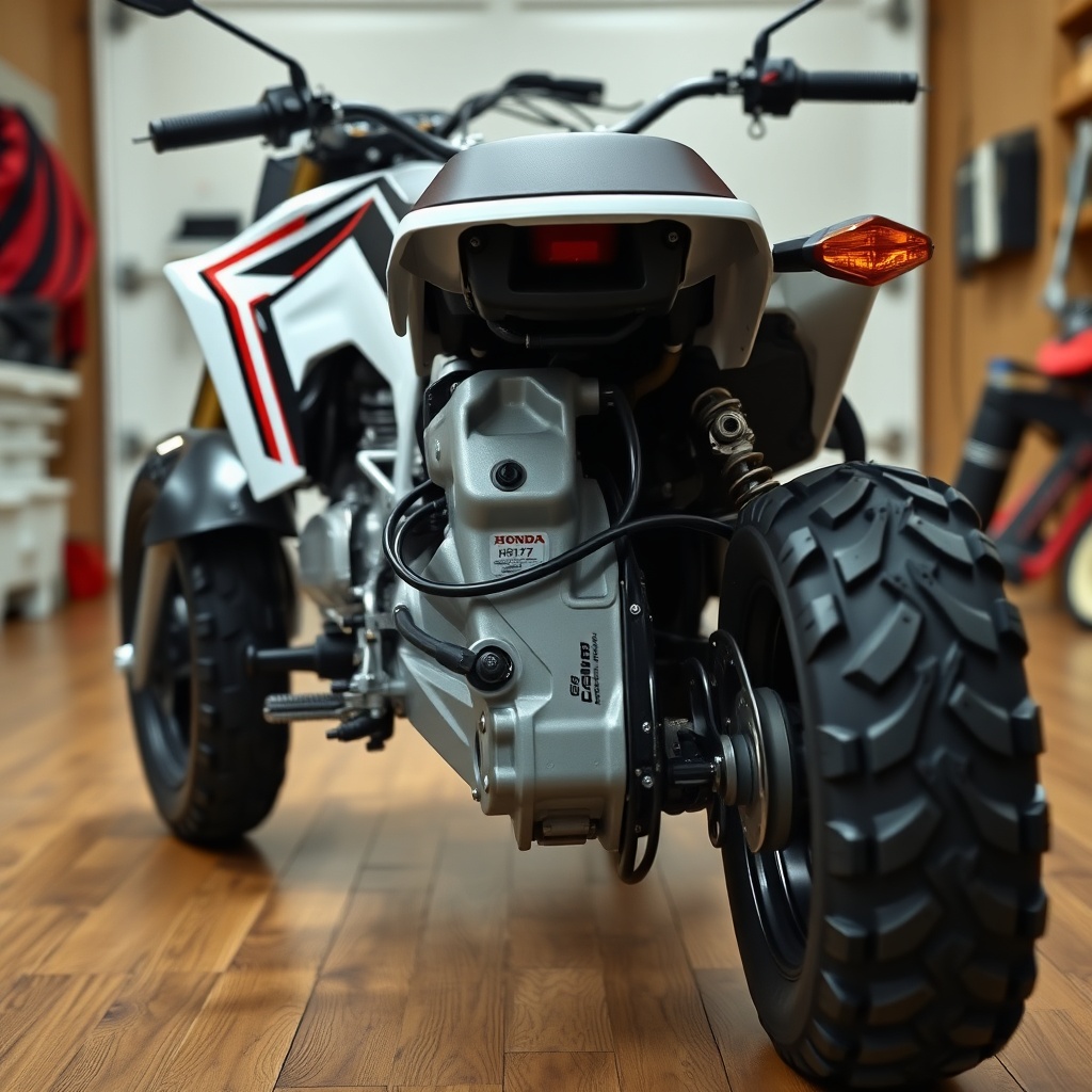 Side view of a Honda HRX217 on a wooden garage floor