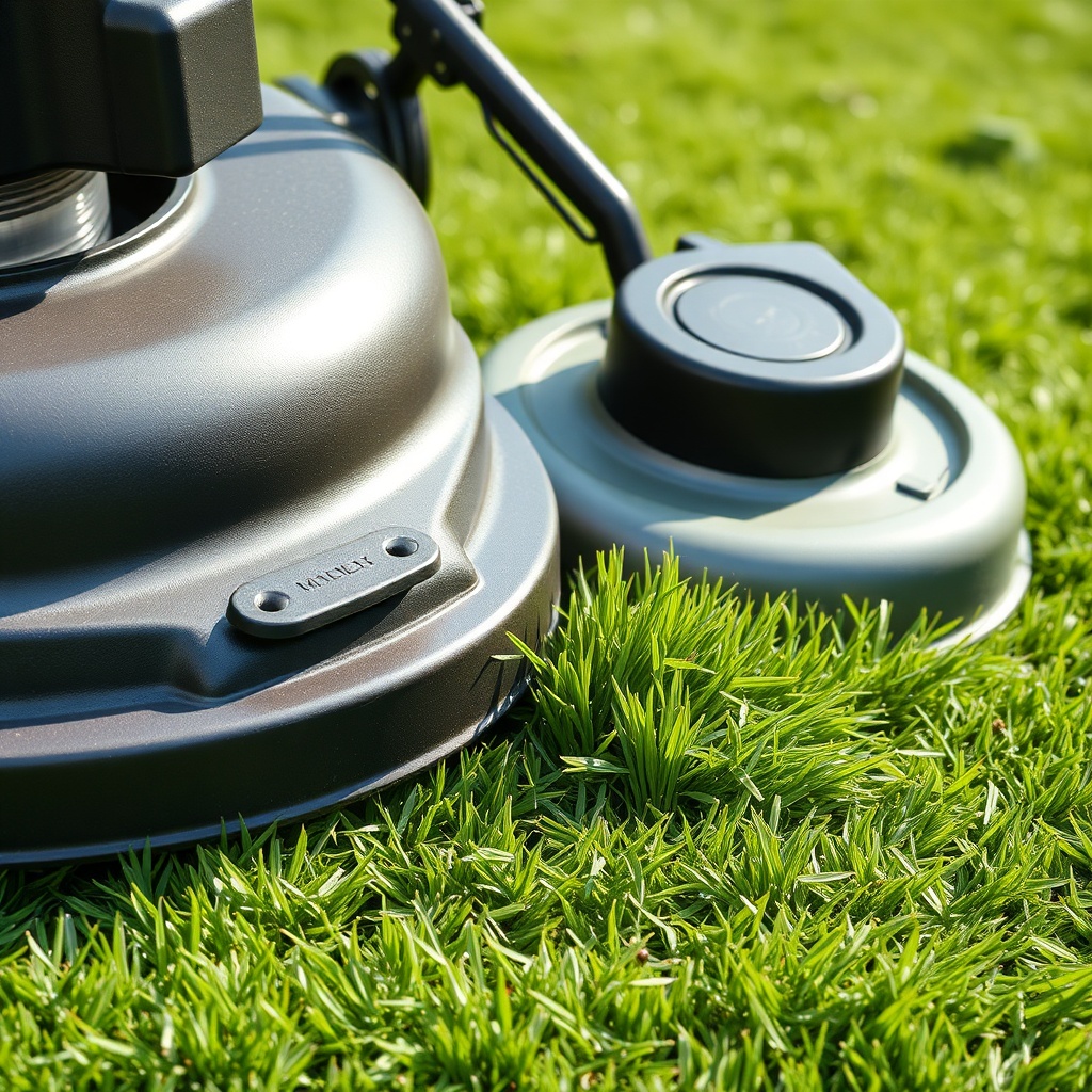 A close-up photorealistic photo showing two lawn mower cutting decks side by side on a gre