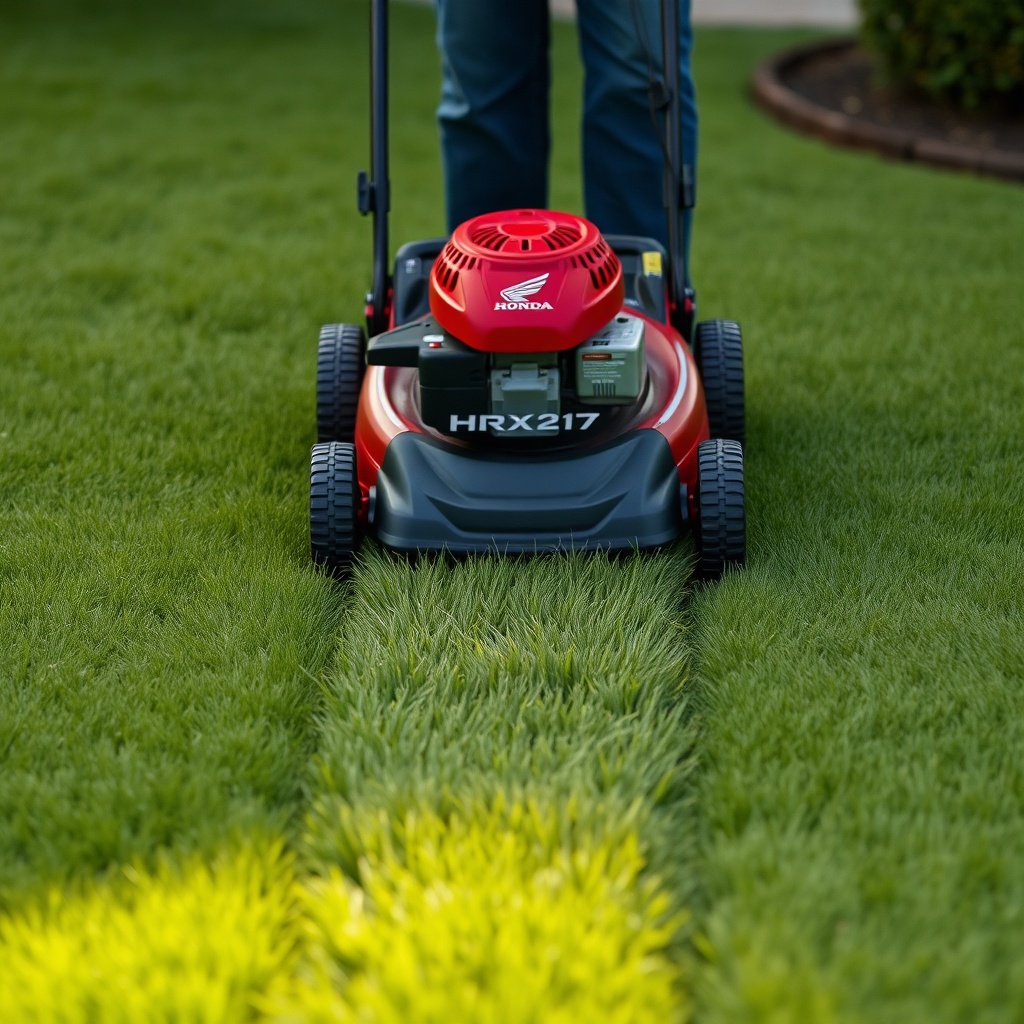 A photorealistic picture of a homeowner standing on a lush green lawn