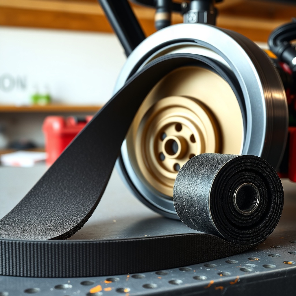 A close-up photorealistic photo of a Toro Recycler 22's traction belt and pulley assembly