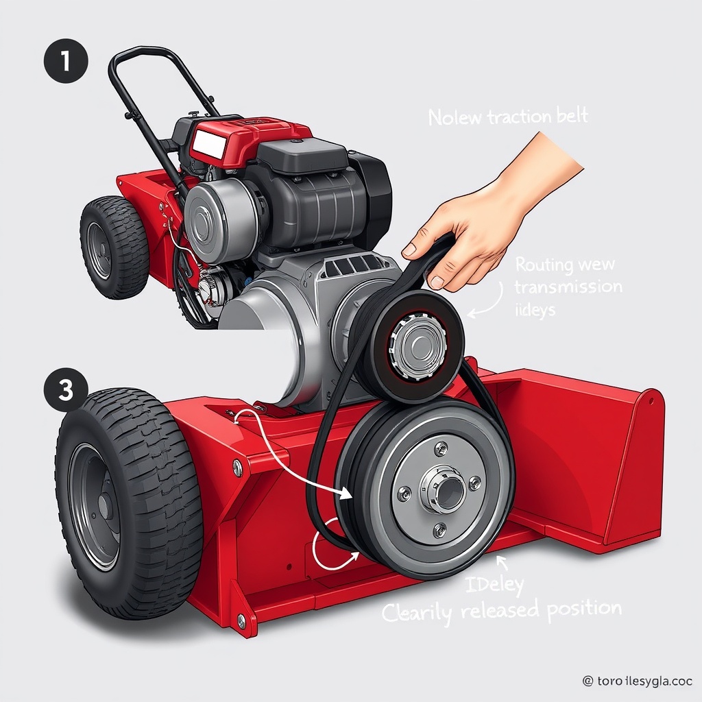 A photorealistic step-by-step illustration showing a Toro Recycler 22 tipped on its side