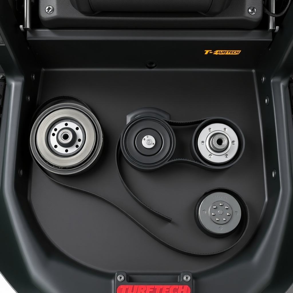 A clean photorealistic photo of a TurfTech T-4600E mower deck with the belt removed