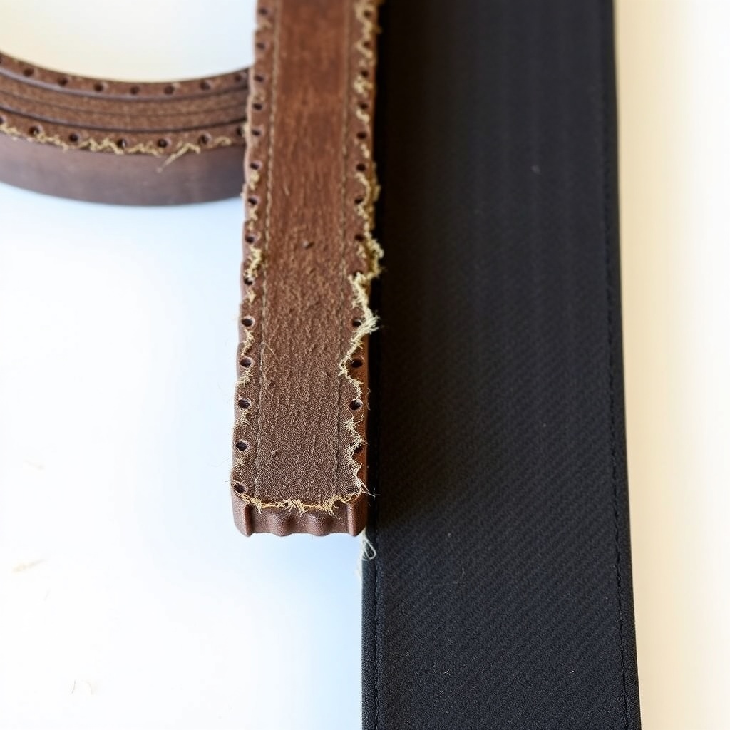 A clean photorealistic photo showing a worn TurfTech T-4600E deck belt with visible frayin