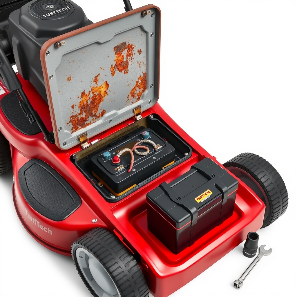 A clean photorealistic photo of a red TurfTech T-4600E lawn mower with the battery compart