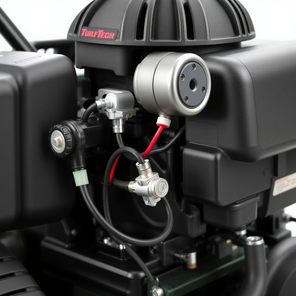 <Close-up of a TurfTech T-4600E engine with the electric start kit partially installed