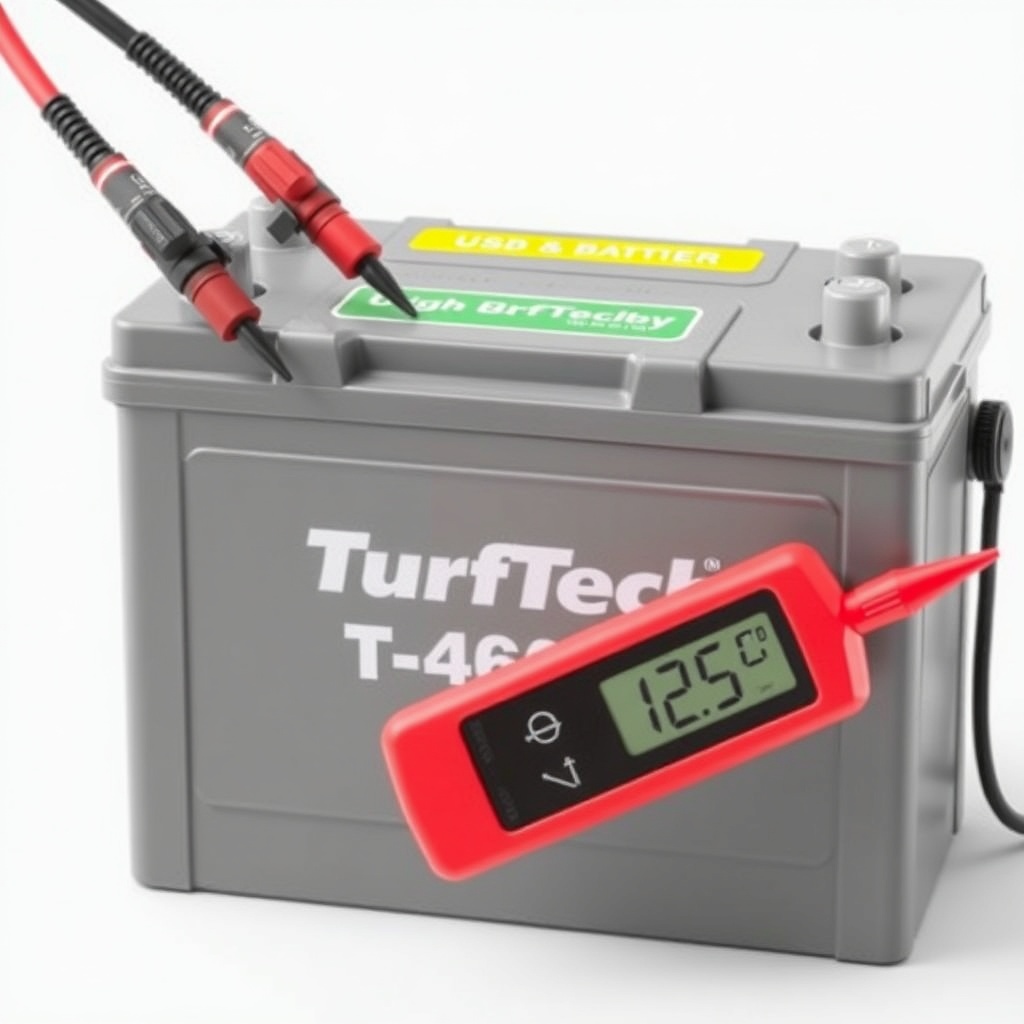 A clear photo of a TurfTech T-4600E battery with red and black multimeter probes touching
