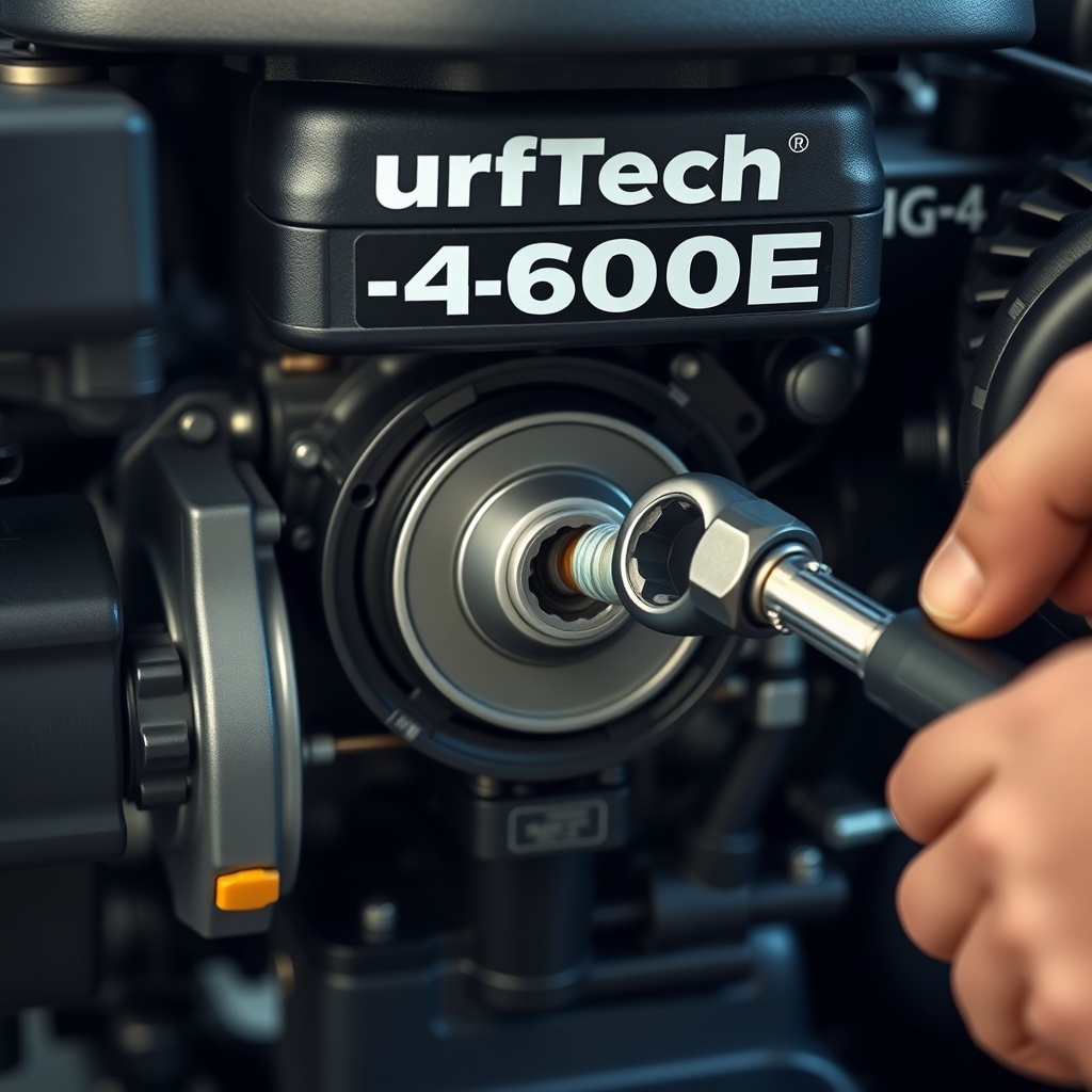 A photorealistic image of a TurfTech T-4600E engine with the spark plug removed