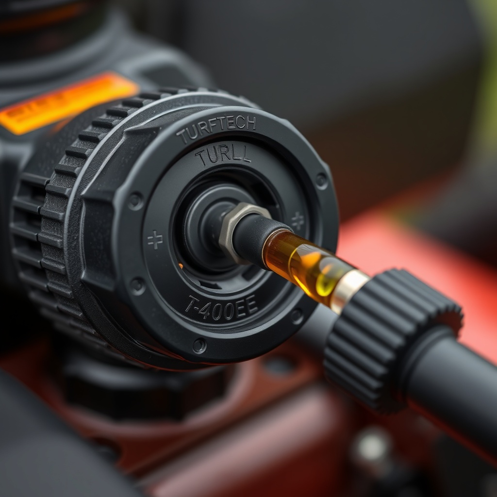 Photorealistic close-up of a TurfTech T-4600E engine oil fill cap and dipstick