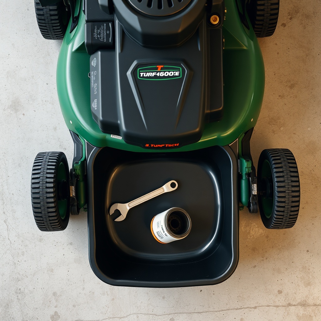 Photorealistic overhead shot of a TurfTech T-4600E mower with oil drain pan underneath