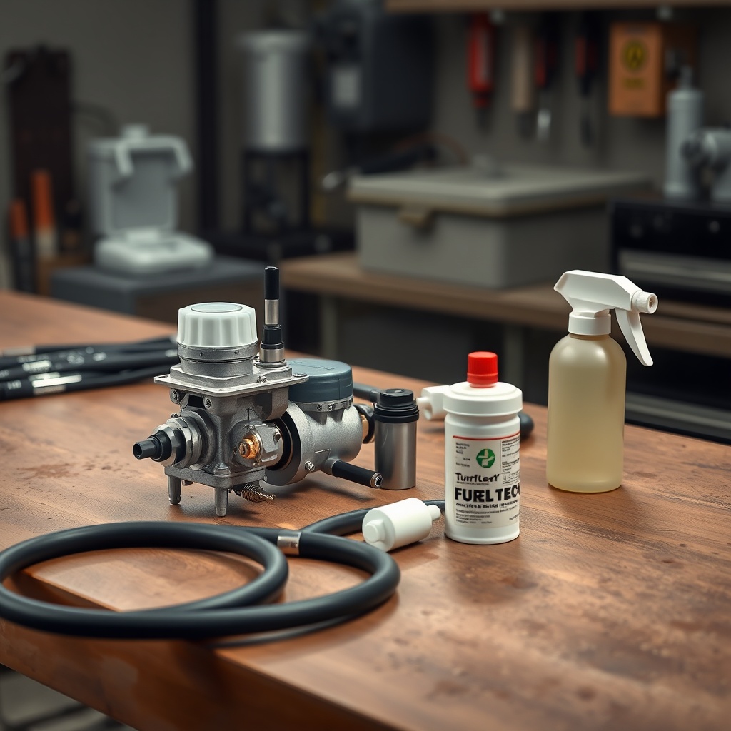 <clean photorealistic photo/illustration showing TurfTech T-4600E fuel system components l