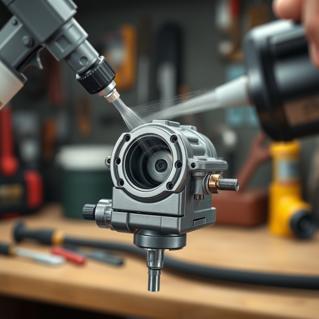 <clean photorealistic photo/illustration showing a close-up of a TurfTech T-4600E carburet