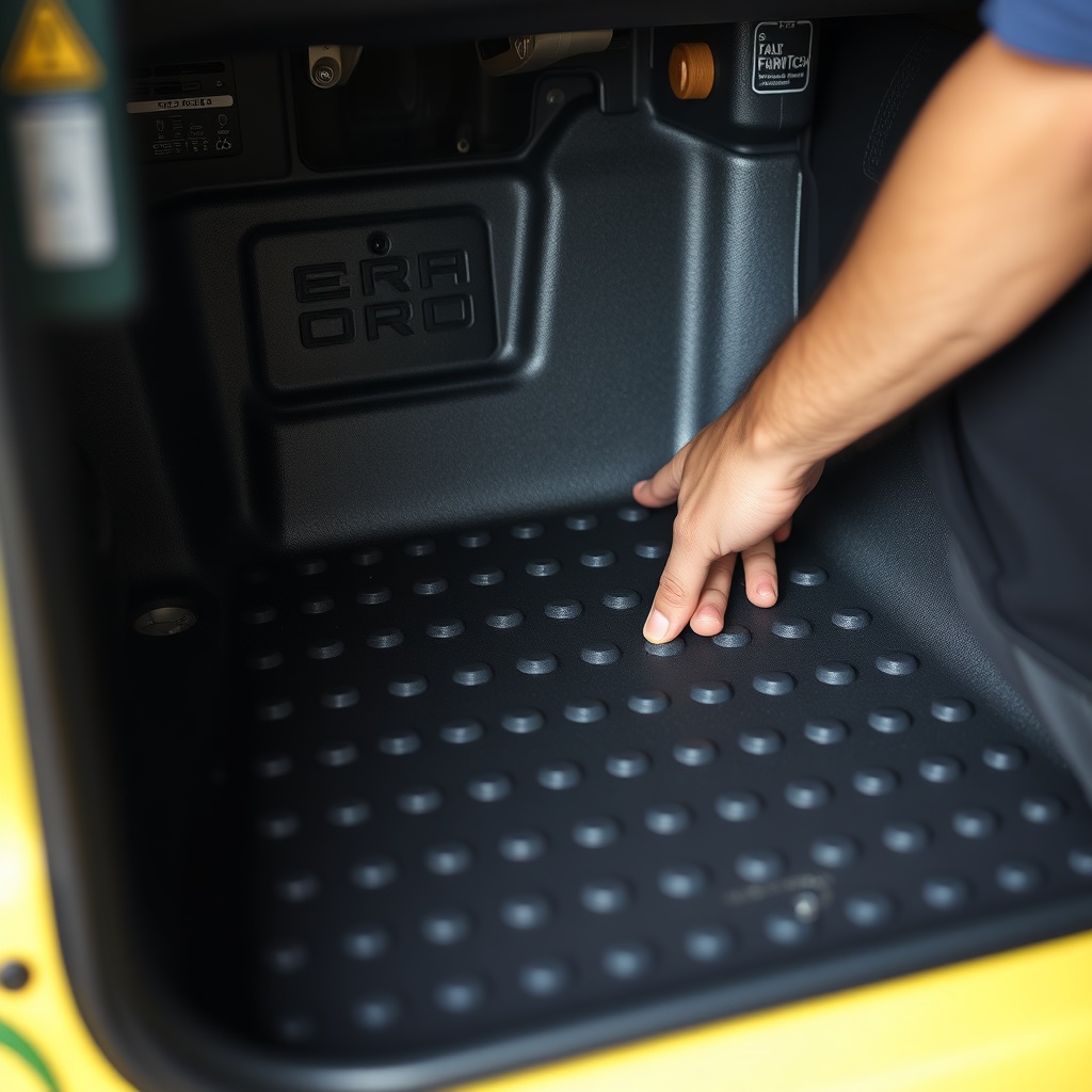 <clean photorealistic photo of a mechanic’s hand pressing butyl mat onto the floor pan of