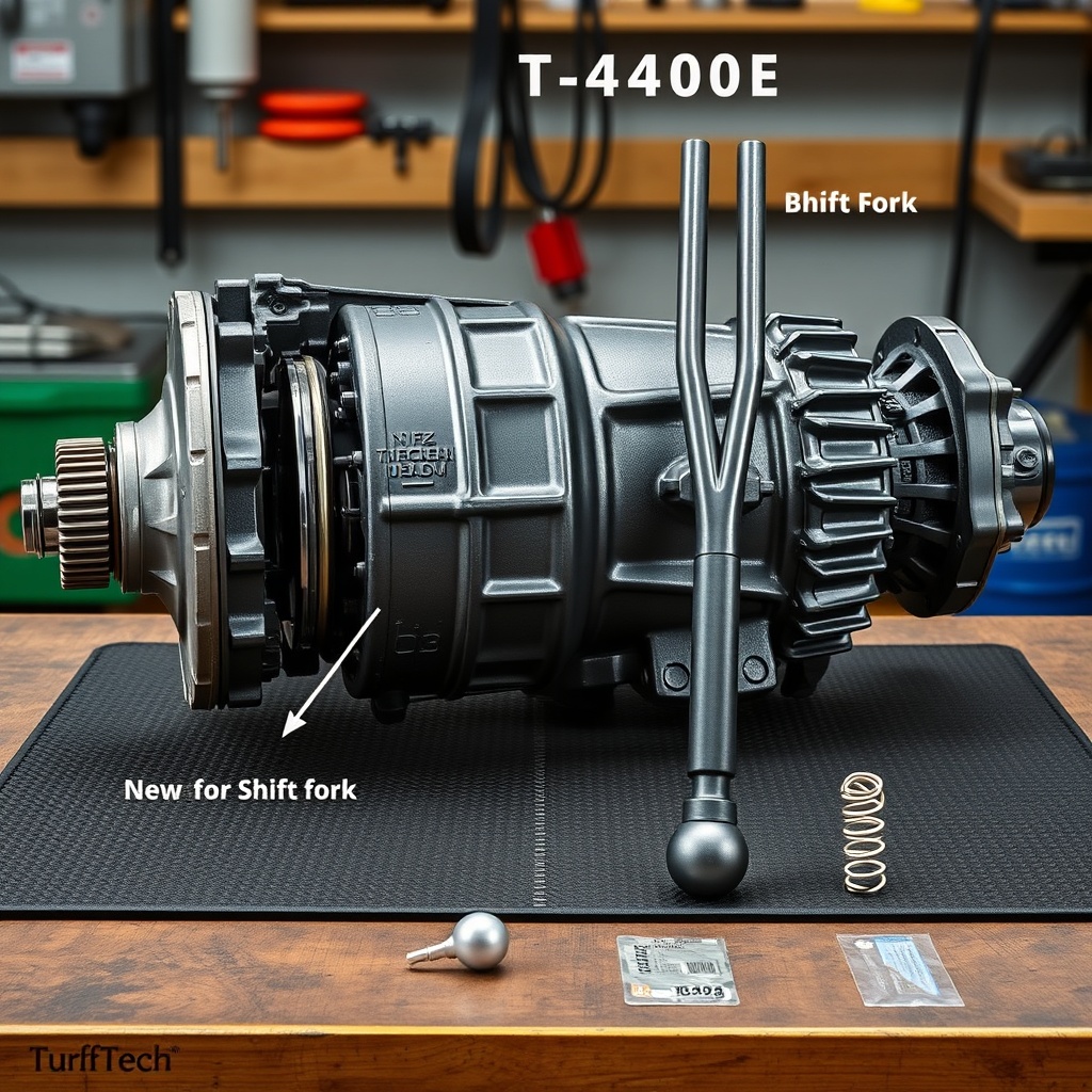 A photorealistic image showing a TurfTech T-4600E transaxle opened on a workbench