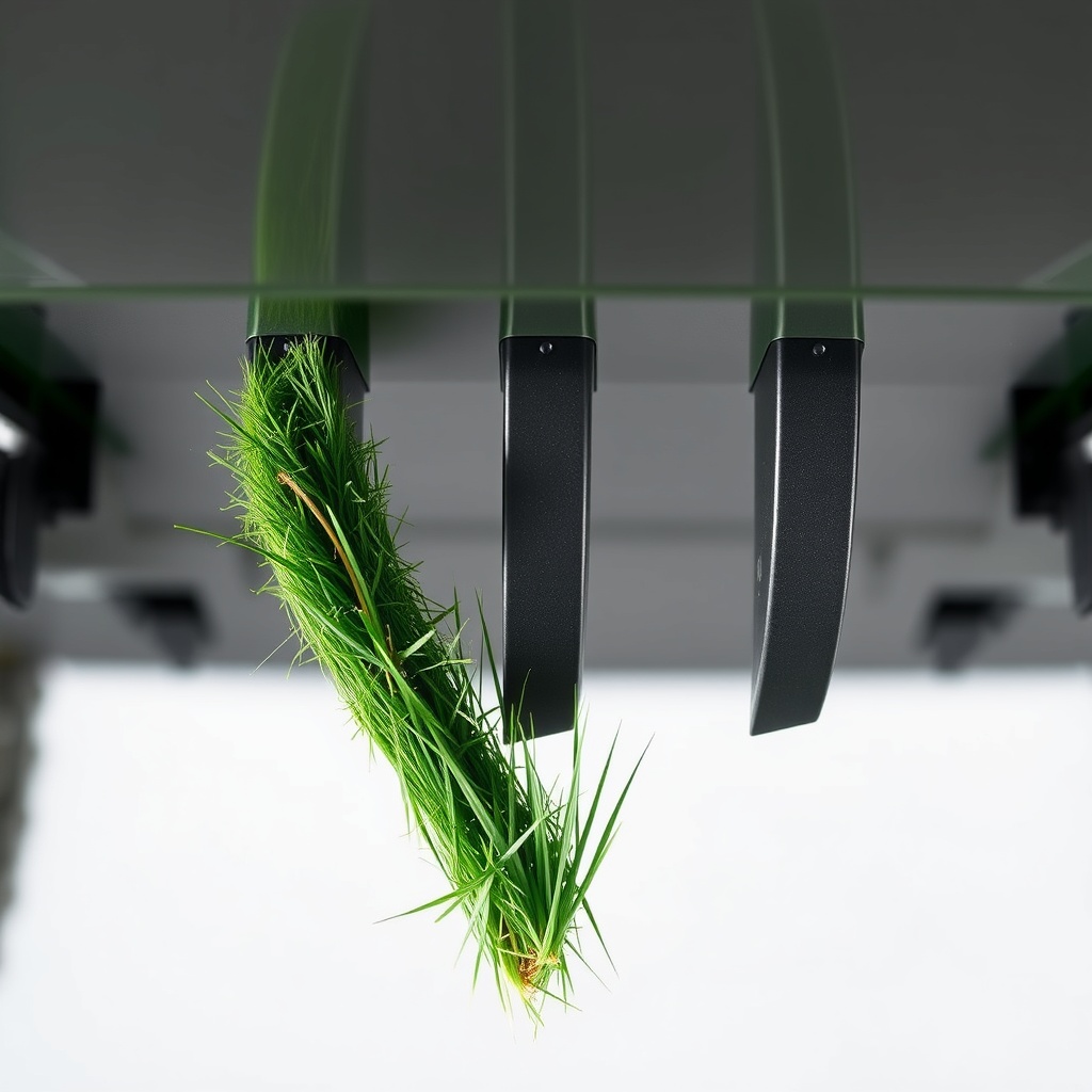 A clean photorealistic photo of the underside of a TurfTech T-4600E deck showing three bla