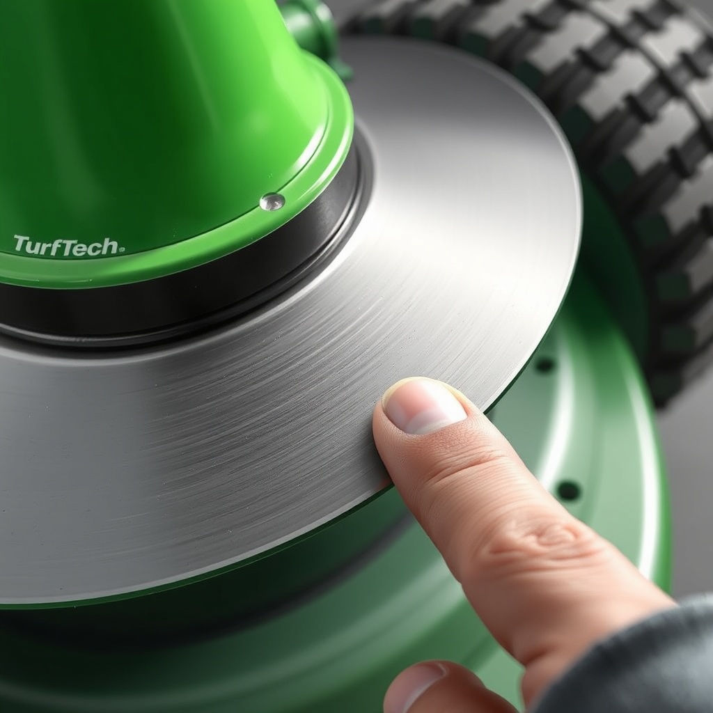 A clean photorealistic photo of a TurfTech T-4600E blade mounted on a commercial cone bala