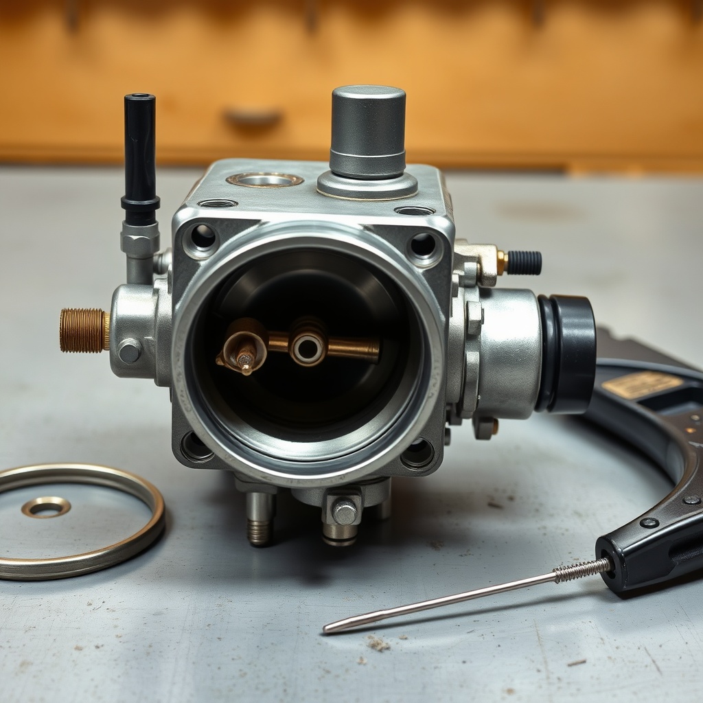 <clean photorealistic photo/illustration of a TurfTech T-4600E carburetor with a disassemb