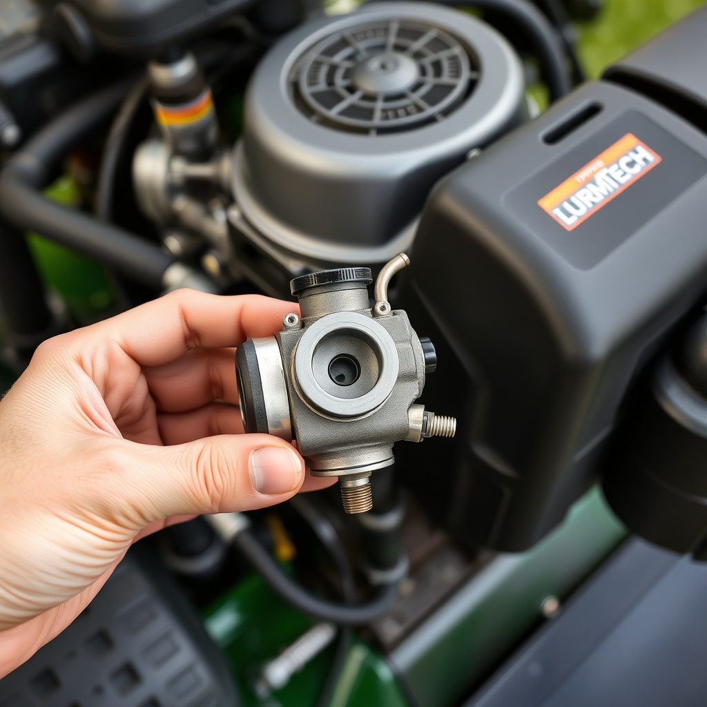 <clean photorealistic photo/illustration of a TurfTech T-4600E with the engine visible