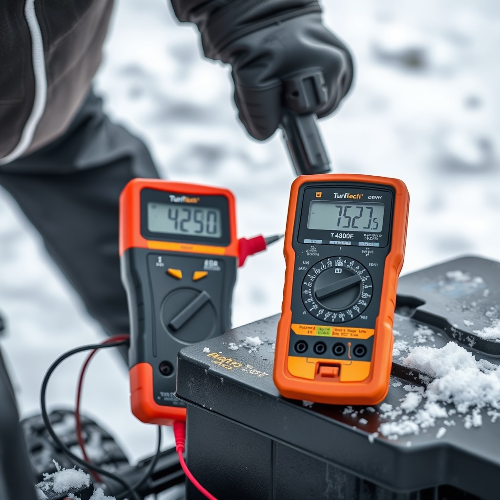 <A clean photorealistic photo showing a multimeter probing a TurfTech T-4600E battery term