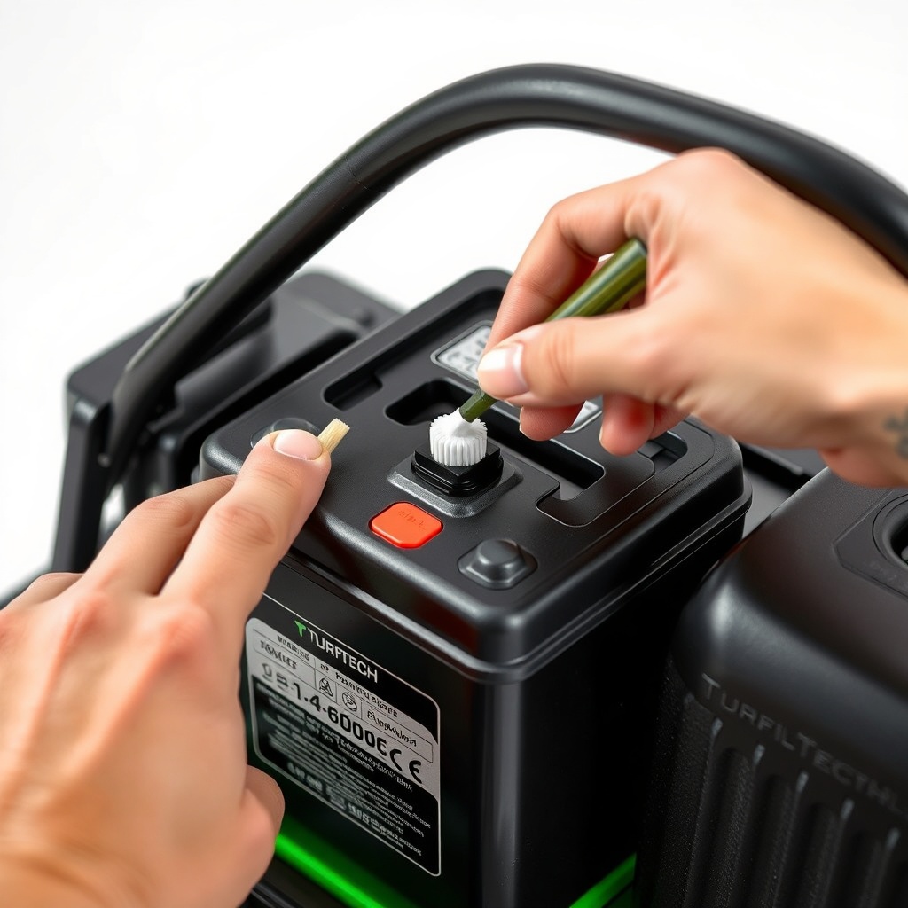 <A clean photorealistic photo showing a hand applying dielectric grease to a battery termi