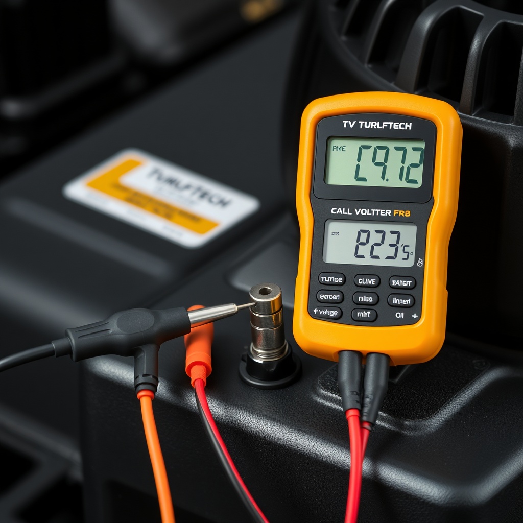 Close-up of a digital multimeter probes attached to a TurfTech T-4600E battery terminals w