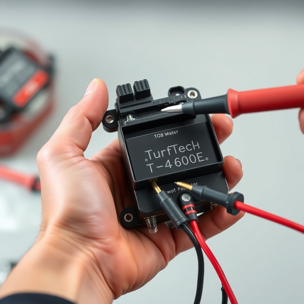 A mechanic’s hands holding a defective voltage regulator removed from a TurfTech T-4600E