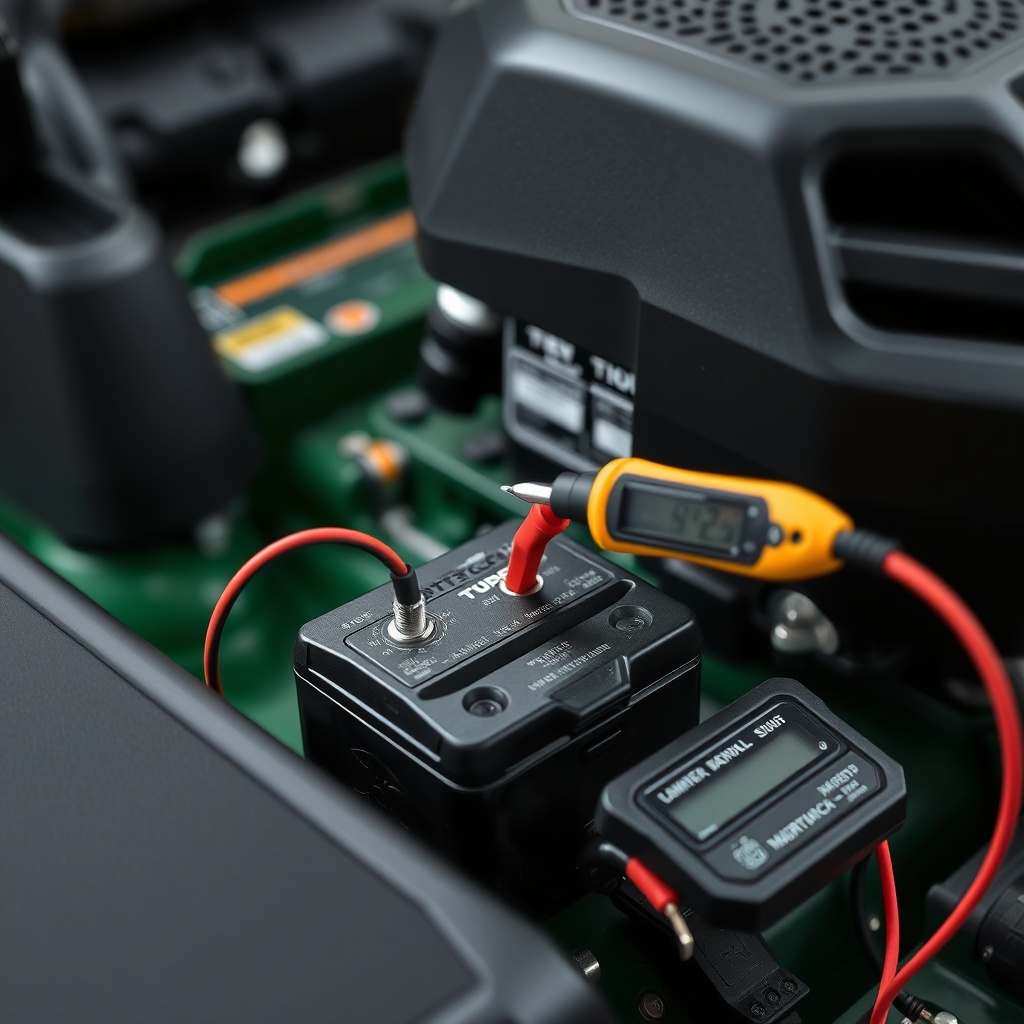 <Close-up of a multimeter probe touching the battery terminals of a TurfTech T-4600E while