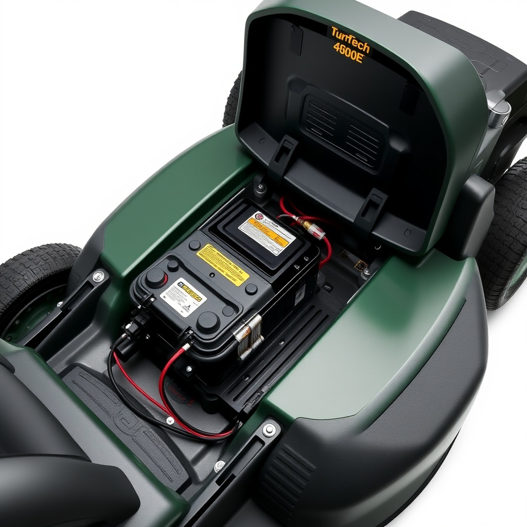 <Photorealistic image of a TurfTech T-4600E mower with the engine cowl removed