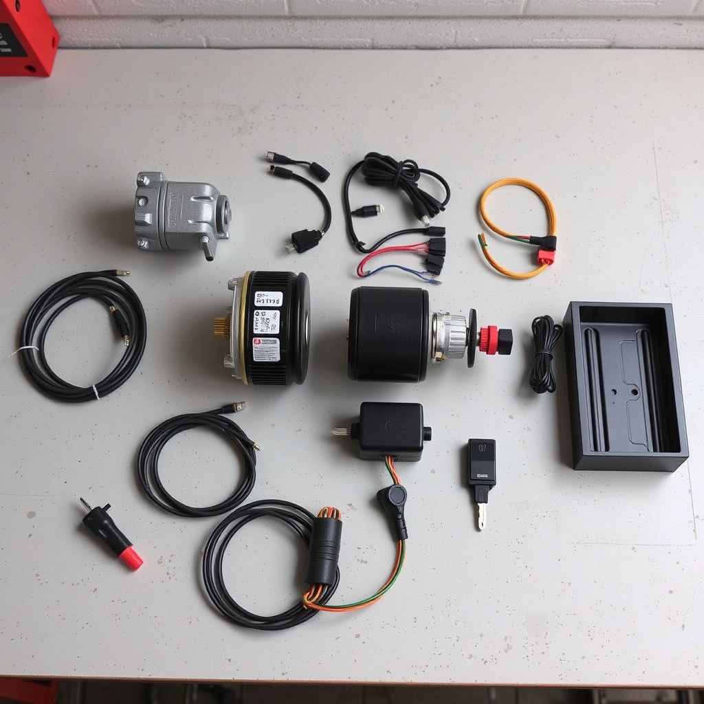 A clean photorealistic photo showing an exploded view of the electric start conversion kit