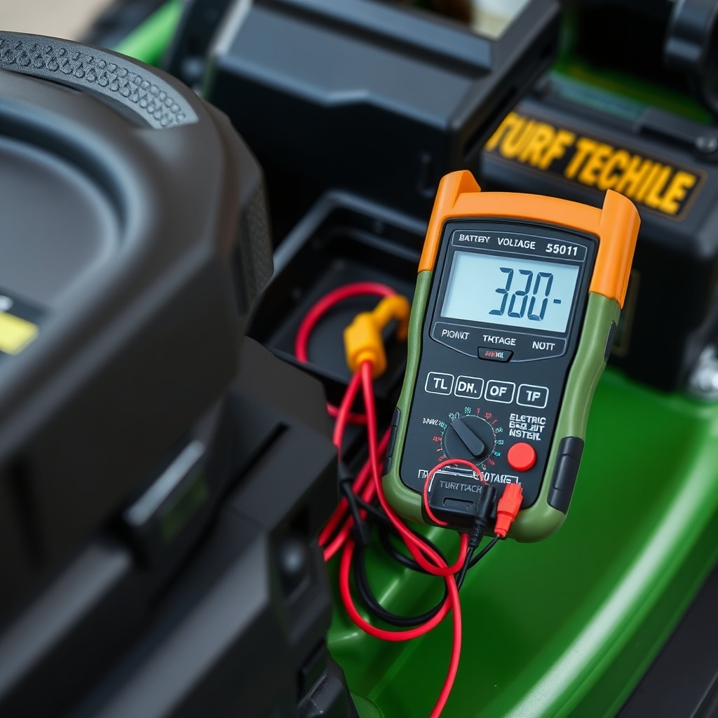 A clean photorealistic photo showing a close-up of a multimeter testing battery voltage on
