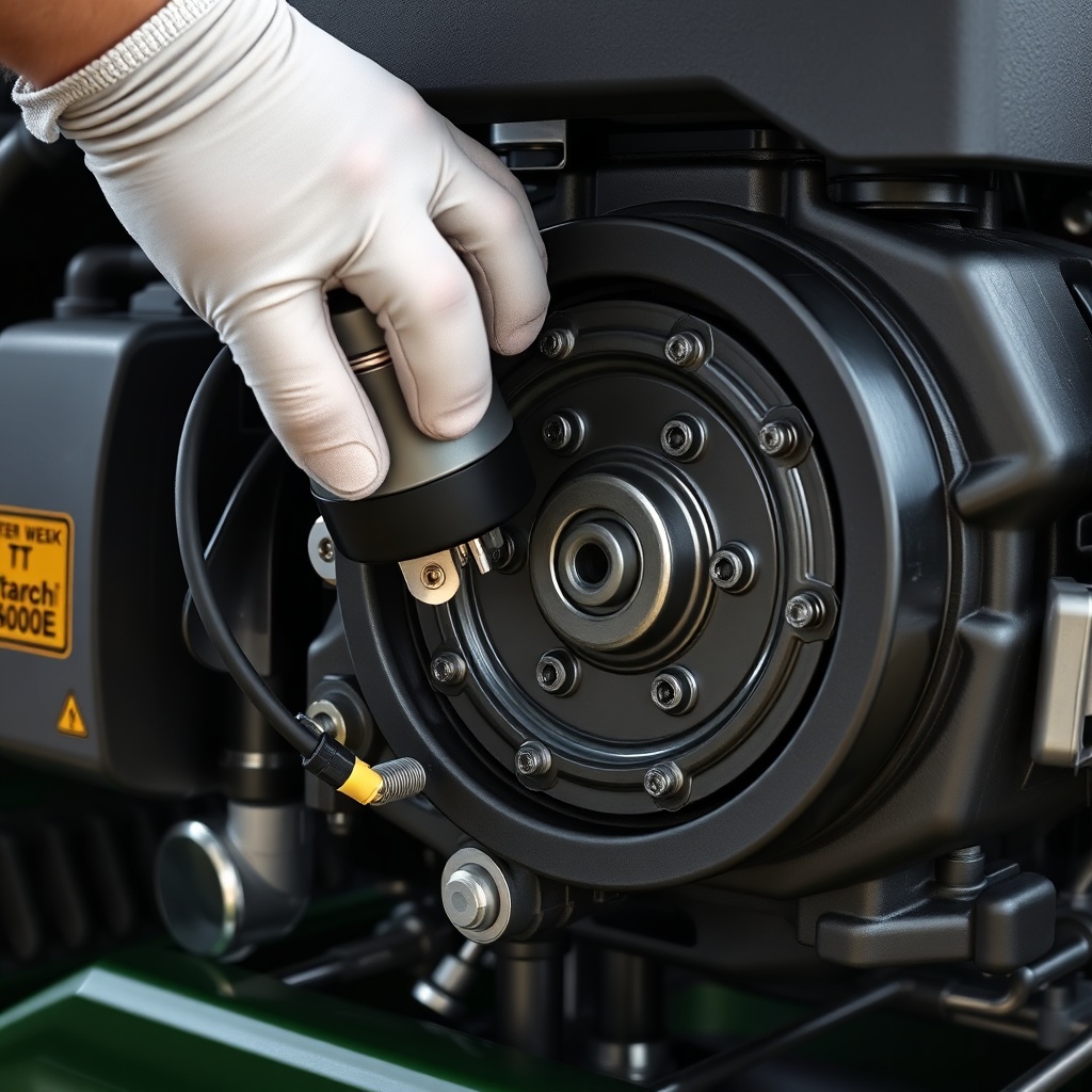 <clean photorealistic photo/illustration showing a gloved hand removing the starter motor