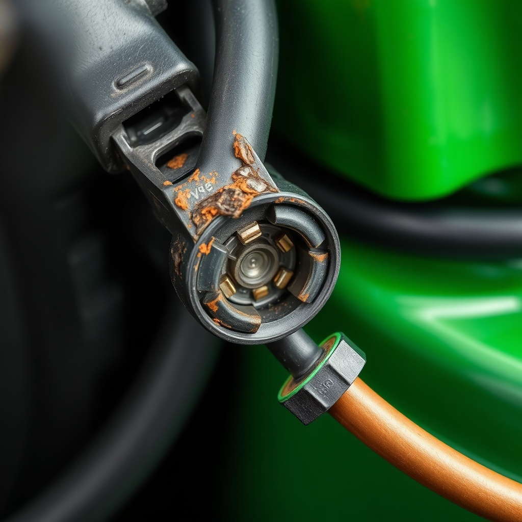 A macro shot of a 12V battery terminal showing heavy corrosion and a loose cable connector