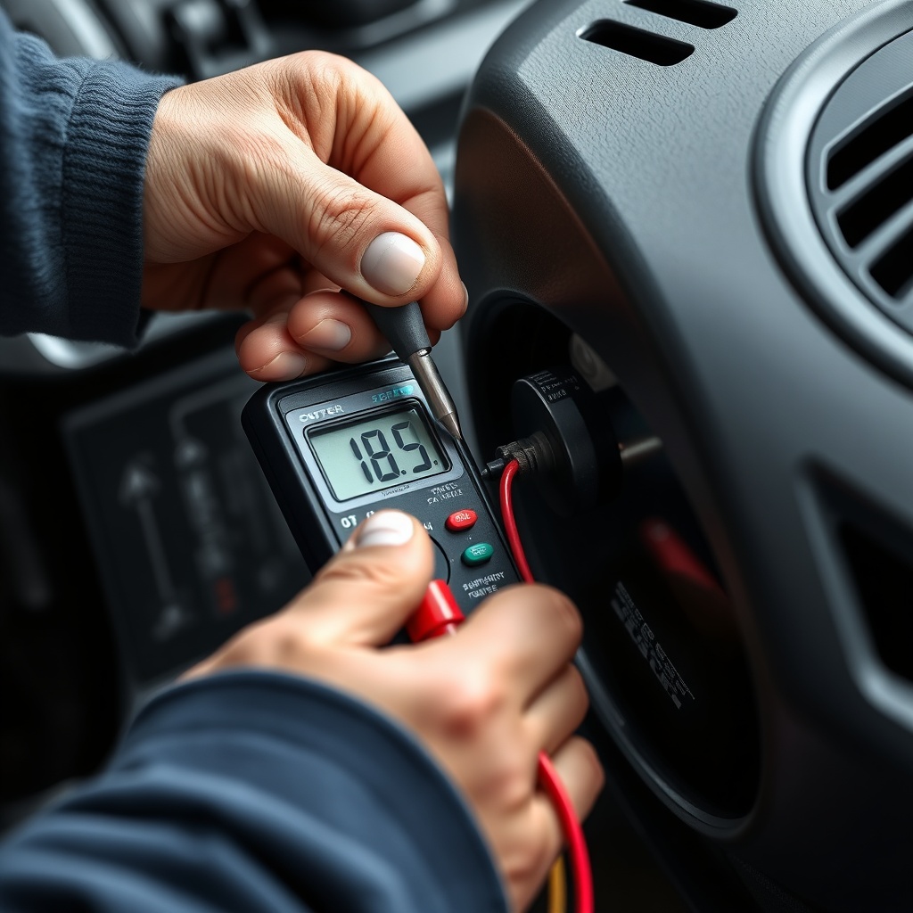 A close-up of a mechanic's hand using a multimeter probe to test the continuity of an igni