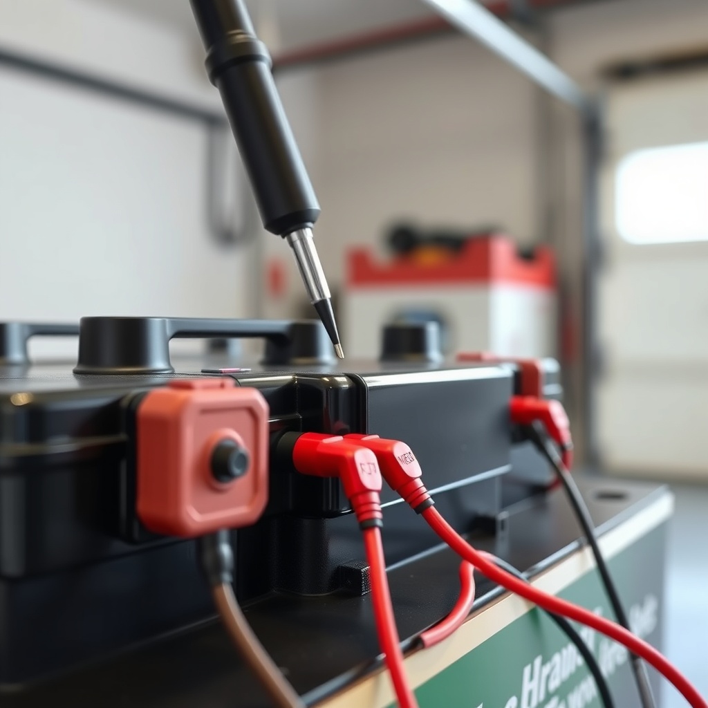 <clean photorealistic photo of a multimeter probes touching TurfTech T-4600E battery termi