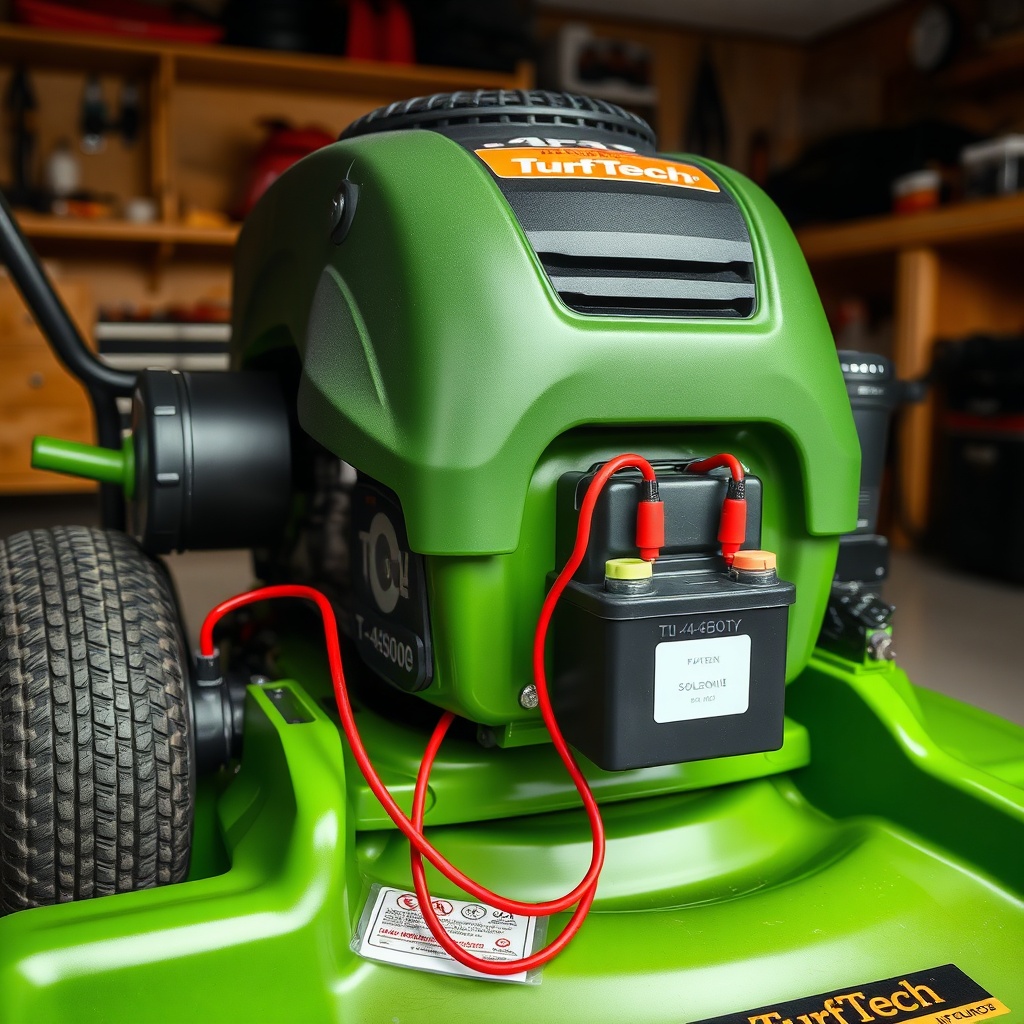 A clean photorealistic photo of a TurfTech T-4600E mower with the engine cover removed