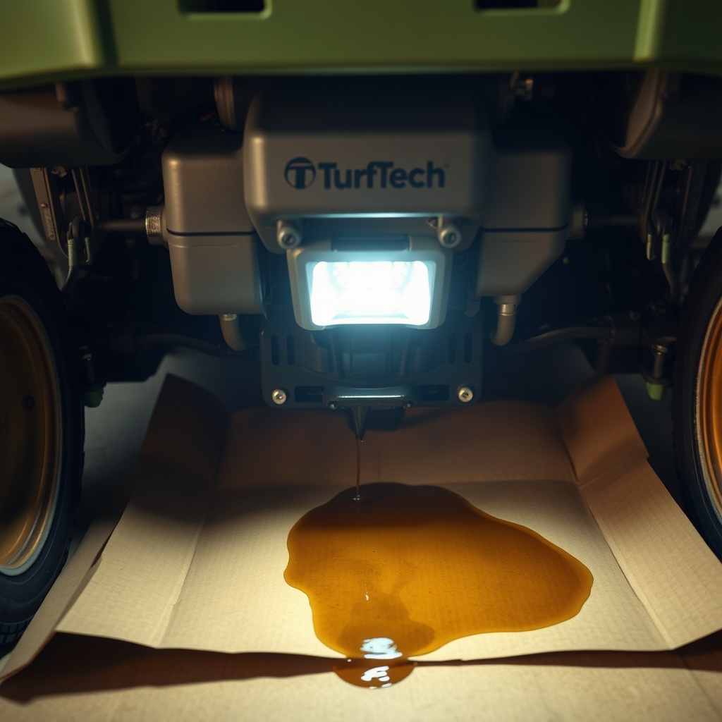 A clean photorealistic photo of the underside of a TurfTech T-4600E mower showing a fresh