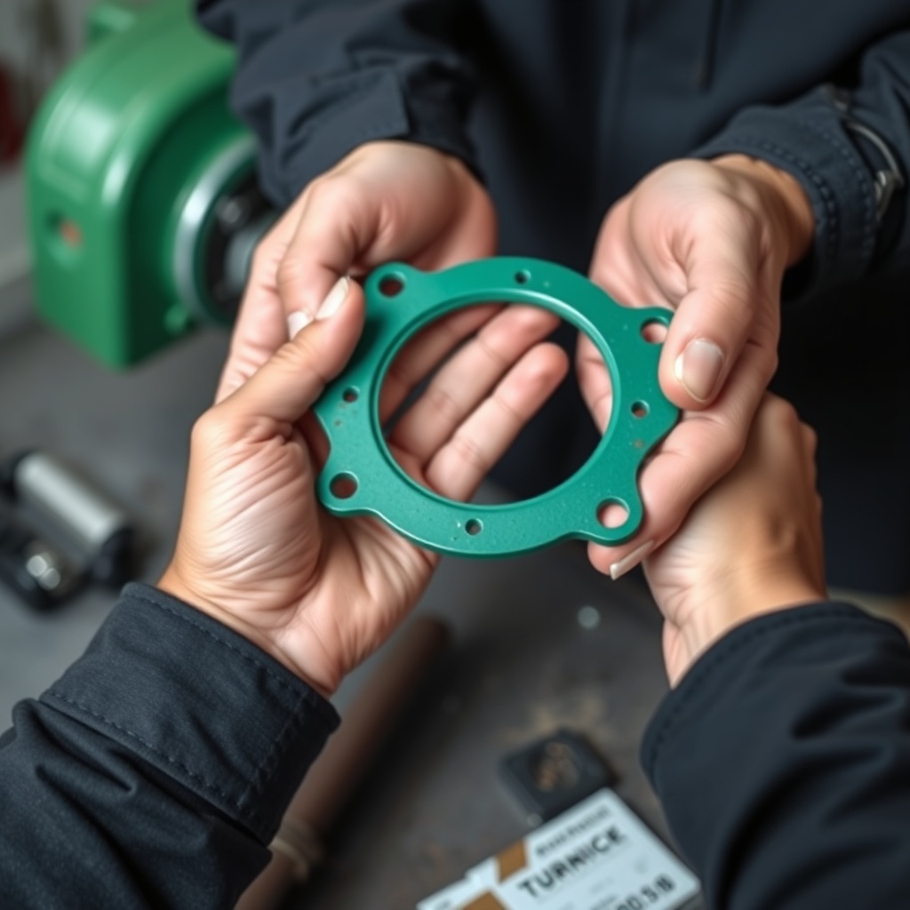 A clean photorealistic photo of a mechanic’s hands holding a new green valve cover gasket