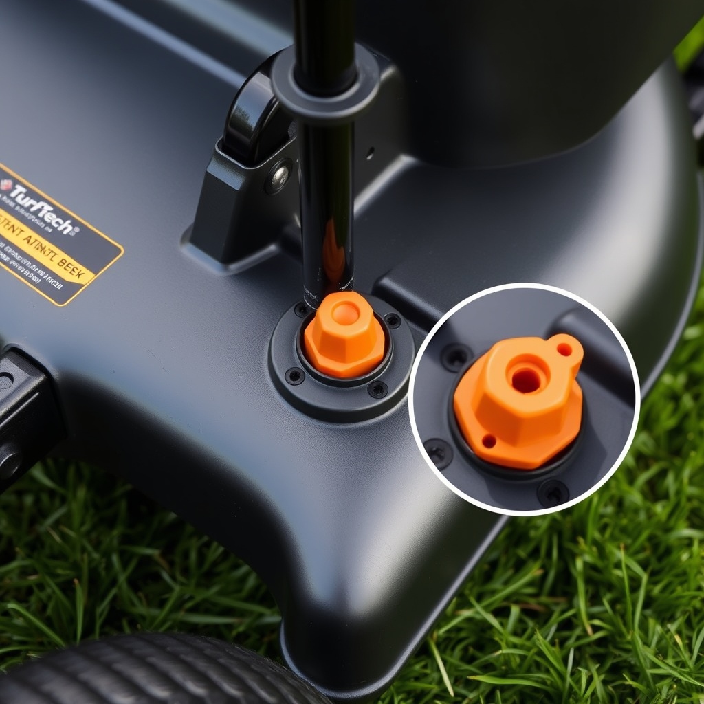 A clean photorealistic photo of a TurfTech T-4600E mower deck showing one of the four pin