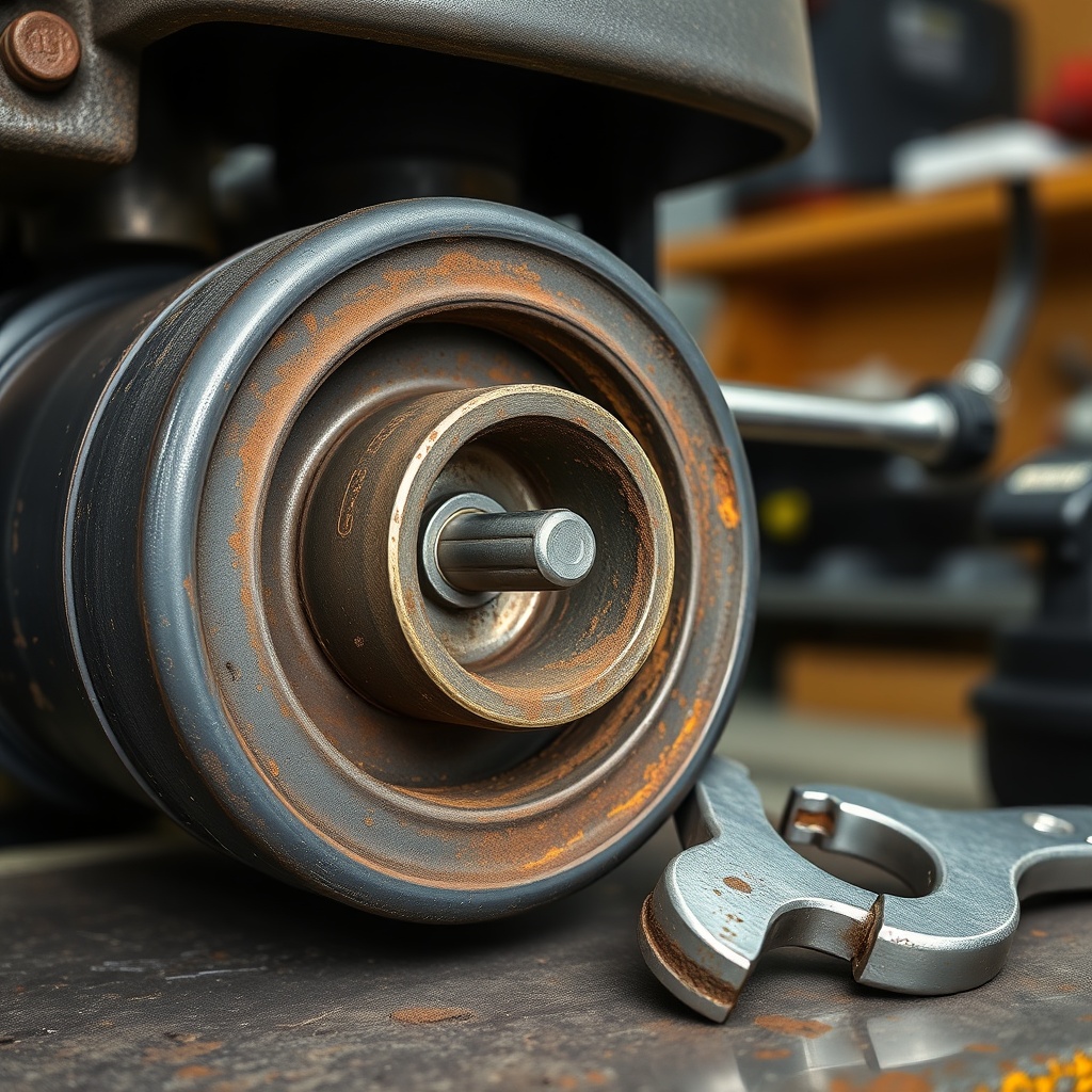 A clean photorealistic photo of a seized deck pin bushing on a TurfTech T-4600E