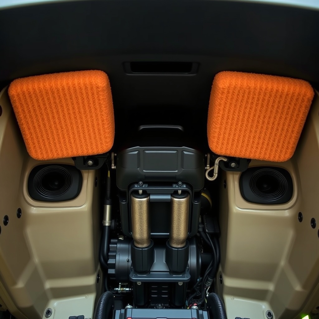 A clean photorealistic photo showing the underside of a TurfTech T-4600E engine bay