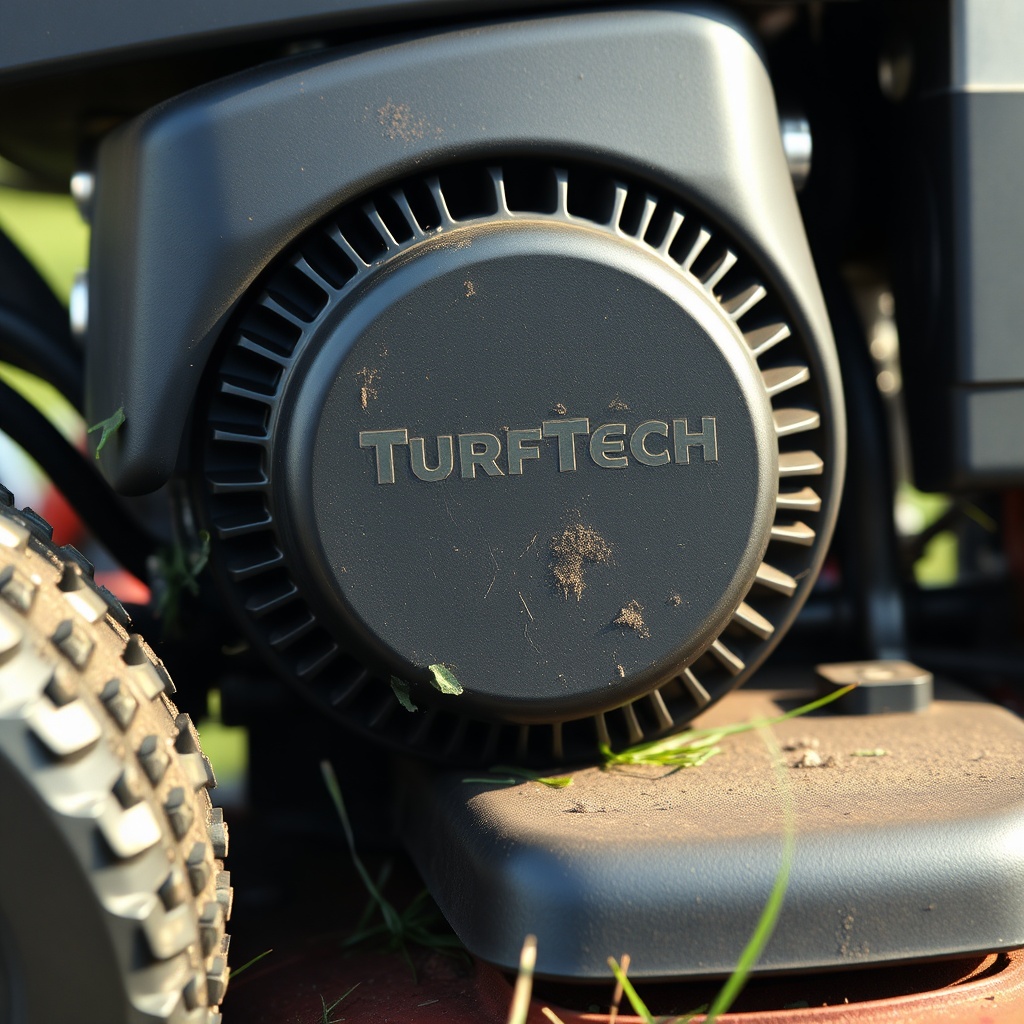 <A close-up photorealistic photo of a TurfTech T-4600E mower engine with debris visible ar