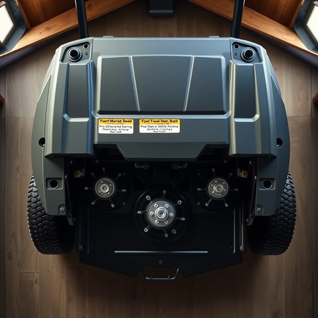 <A photorealistic overhead photo of a TurfTech T-4600E mower deck as seen from above