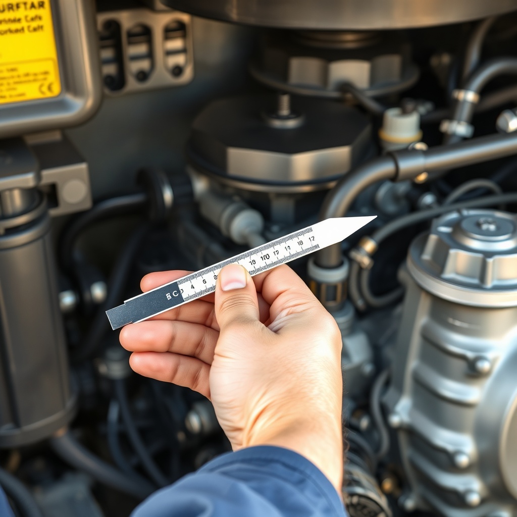 Close-up of a mechanic's hand holding a feeler gauge against the valve rocker arm on a Tur