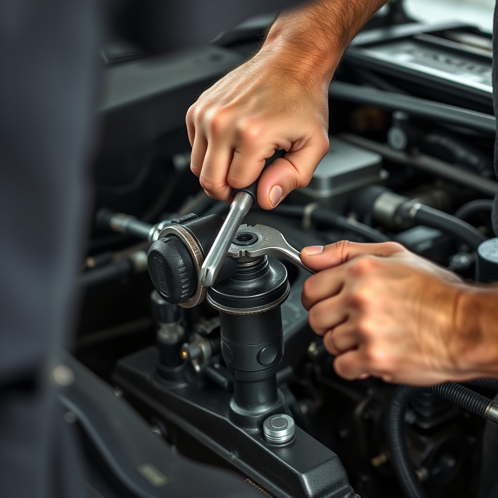 Mechanic turning adjuster screw on a TurfTech T-4600E valve rocker arm with a 10mm wrench